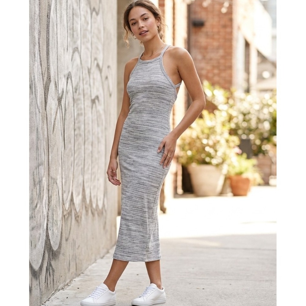 Bohme M Grey Space Dye Ribbed Knit Sleeveless Midi Bodycon Tank Dress